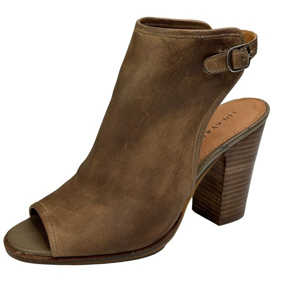 Lucky Brand Choco Brown Open Toe Ankle Strap Sandal Bootie Size 8 Block 4” Heels - Picture 1 of 13